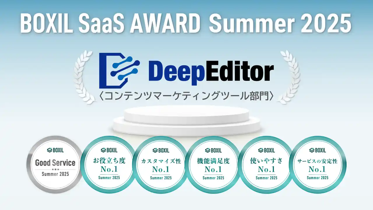 【株式会社ipe】 DeepEditor、「BOXIL SaaS AWARD Summer 2025」コンテンツマーケティングツール部門で5つのNo.1を受賞