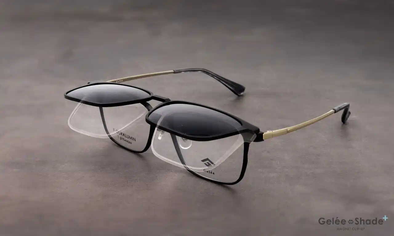 【株式会社FUJIKON HOLDINGS】 【Gelee新型 Gelee Shade +」度付きメガネが瞬時にサングラスに！脱着式クリップオンに「跳ね上げ機能」を追加。特許申請中の独自機構で利便性が大幅向上。