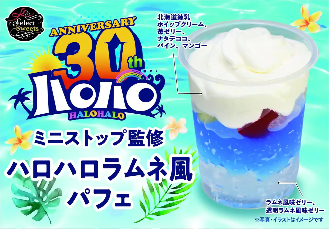 【イオン株式会社】 ３０周年を迎えたミニストップ夏の風物詩「ハロハロラムネ」を再現した爽やかなパフェがイオンに登場！７月１８日（金）から期間限定販売。